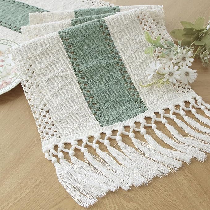 Boho Table Runner for Home Decor 12x90 Sage Green Fall Decorations | 90 Inches by FEXIA