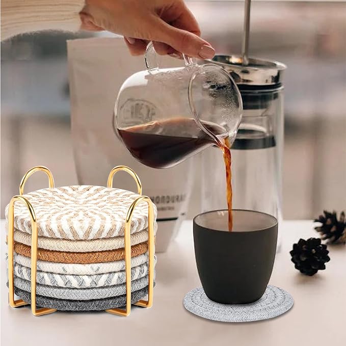 Golden Woven Coasters Set of 8, Absorbent Drink Coasters - Image 4