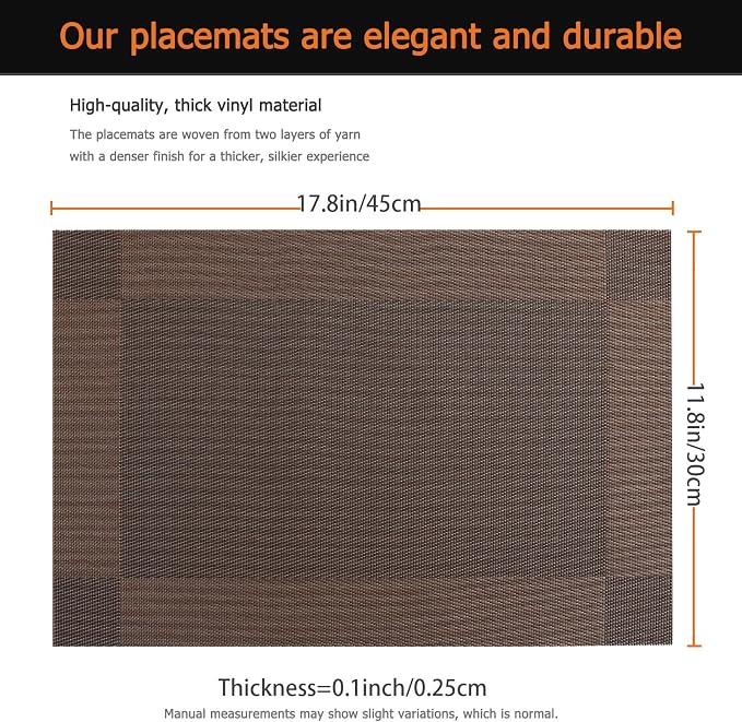 Brown Vinyl Placemats Set of 6, Heat Resistant Table Placemats | 18x12 inch - Image 3