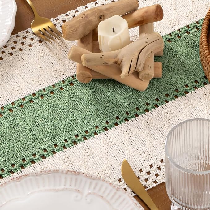 DeZerlor Ivory&Sage Green Boho Macrame Farmhouse Woven Table Runner 108In | - Image 6