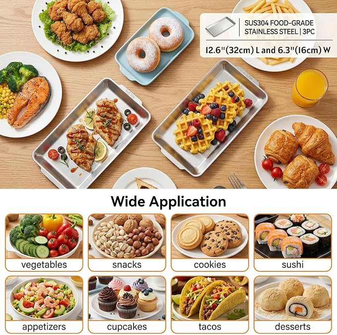 3 Packs 304 Stainless Steel Serving Platters, Rectangle Metal Dinner Plates - Image 5