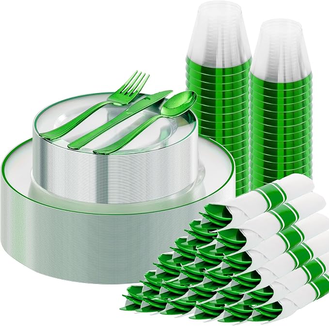 SUT 175 Pcs Green and Clear Plastic Dinnerware Set by SeeYouTomorrow