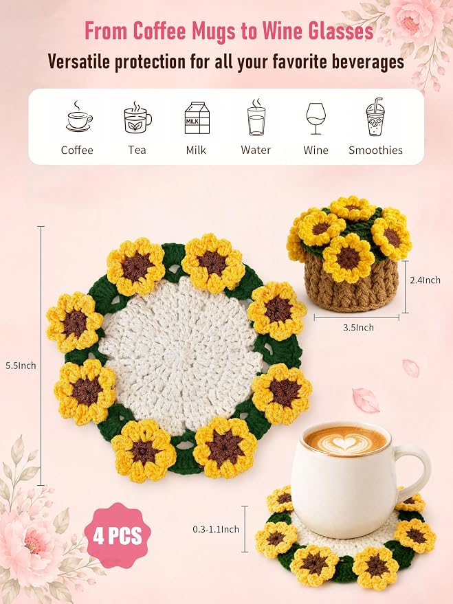 Crochet Flower Bouquet Coasters, Cotton Sunflower Gifts - Image 2