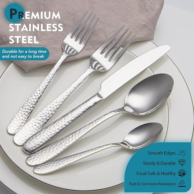 Hammered Silverware Set, EIUBUIE 40-Piece Stainless Steel Flatware Set - Image 4