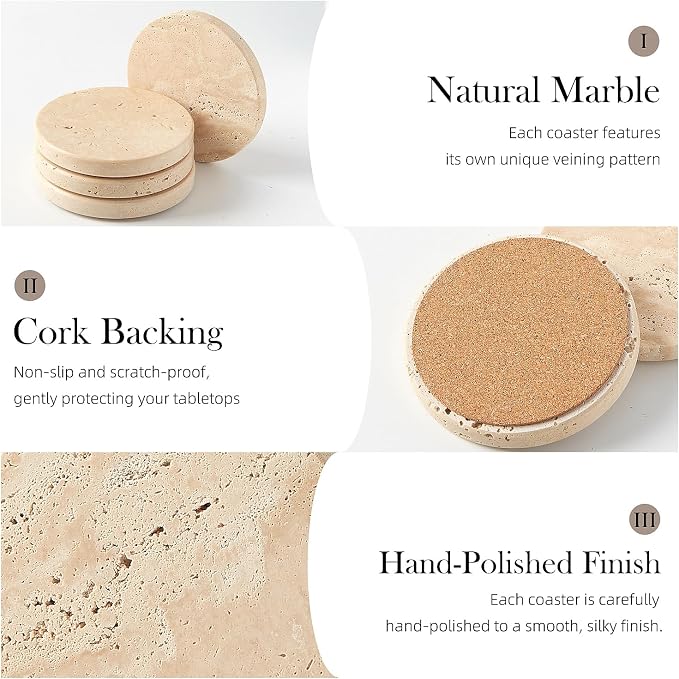 Natural Marble Coaster Set of 4.Round Drinks Coasters, Non-Ceramic/Non-Resin | - Image 3