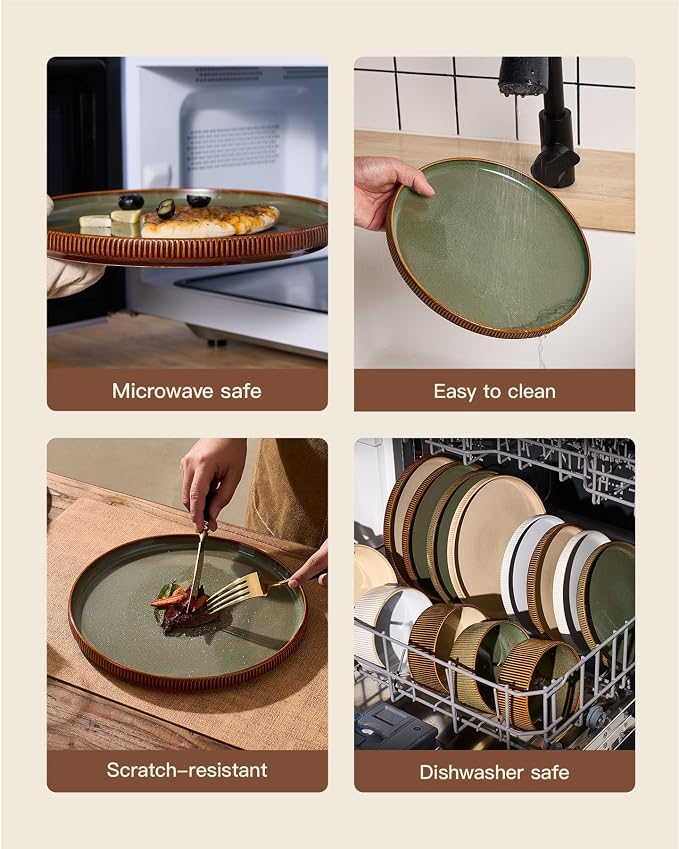 Stoneware Dinnerware Set for 4, Handmade Ribbed Dishes, Everyday Use, Microwave - Image 6