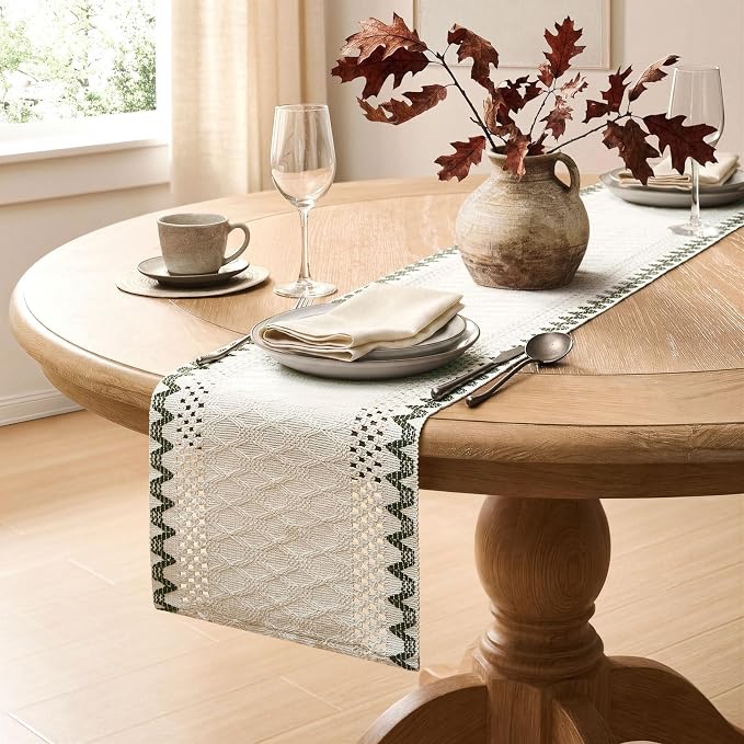 Macrame Side Trim Boho Woven Table Runner, Moss 12x108 Inch | Crochet Hollow - Image 5