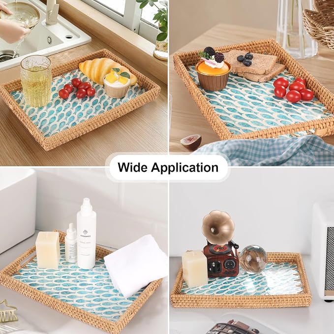 Rectangle Rattan Tray with Mother of Pearl Inlay, Rattan Serving Tray with - Image 2