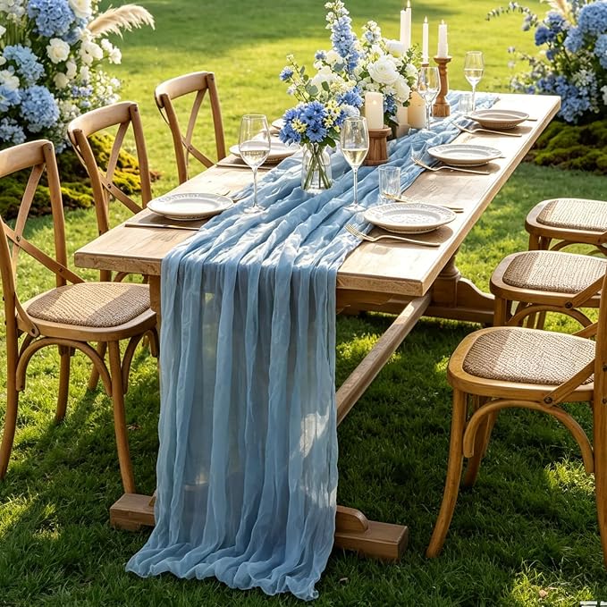 Dust Blue Cheesecloth Table Runner, 10FT Rustic Blue Boho Gauze Table Runner - Image 6