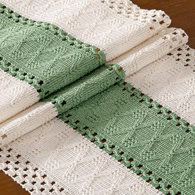 DeZerlor Ivory&Sage Green Boho Macrame Farmhouse Woven Table Runner 90Inch | - Image 6