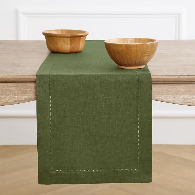 Solino Home 100% Linen Table Runner Olive, Classic Hemstitch 14 x 132 in | by SolinoHome