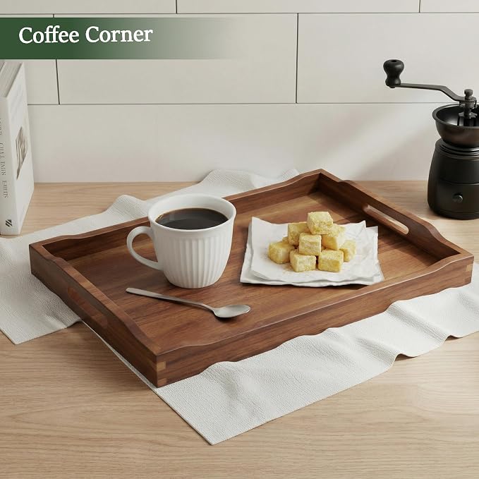 Acacia Wood Serving Tray with Handles, Rectangular Wooden Ottoman Tray - Image 7