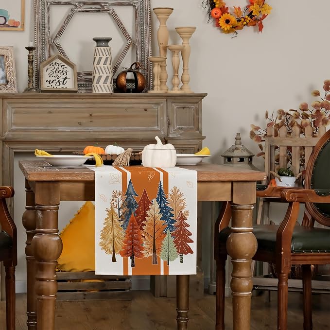 Fall Watercolor Trees & Maple Leaves Striped Table Runner 13x60 Inch, Rustic - Image 5