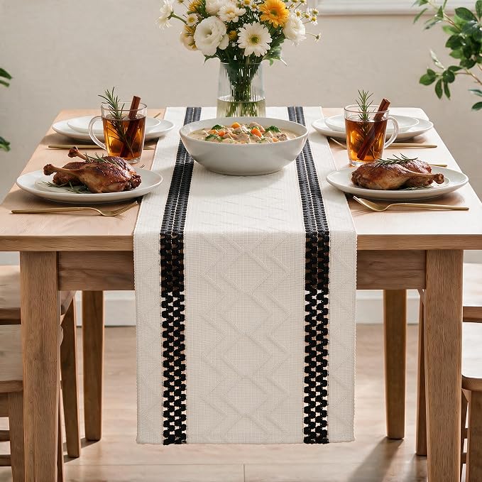 Artoid Mode Black Stripe Woven Rustic Table Runner 12x120 Inch | Holiday - Image 2