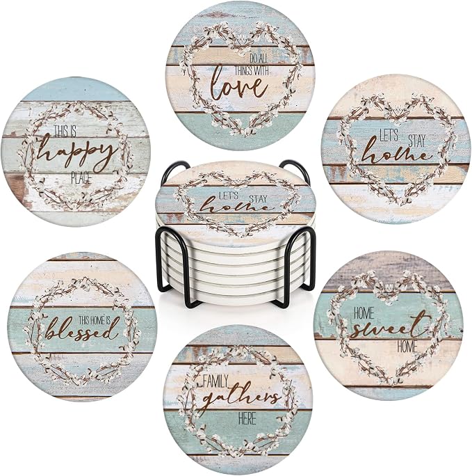 Coasters for Drinks, Ceramic Stone Vintage Blessed Love | Farmhouse Absorbent by BRIBAY