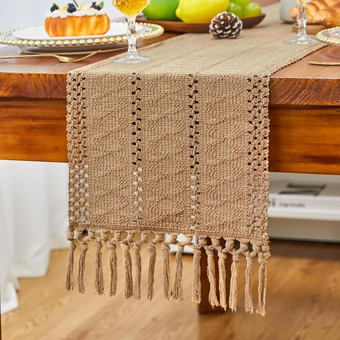 Boho Table Runner Fall Burlap Brown Coffee Table Decor 12x90 Inch | 90 Inches - Image 4
