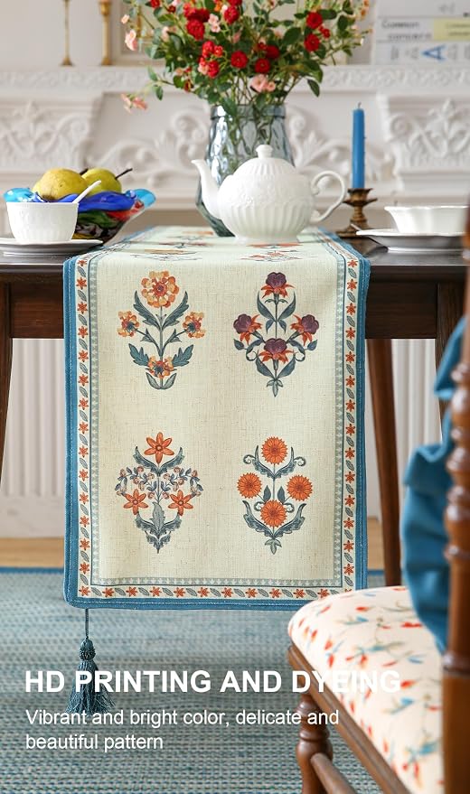 Designer French Linen Table Runner, Floral Pattern, Dining Table, Kitchen Decor - Image 4