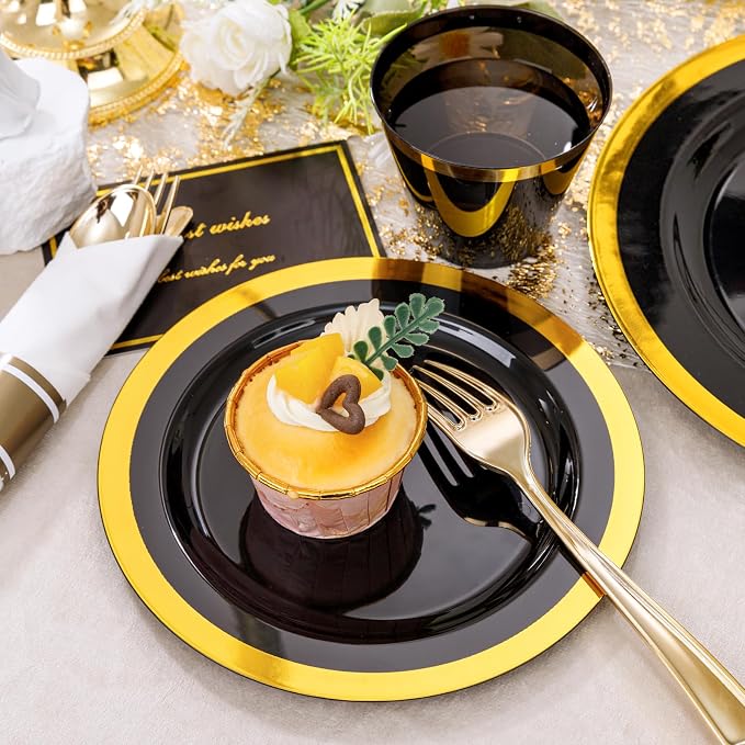YOUBET 350PCS Black and Gold Plastic Plates - Image 6