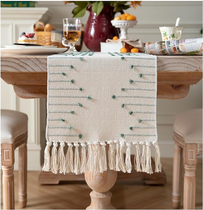 Boho Table Runner 13 x 60 Inch Long Natural Cotton Woven Runner by Caflife