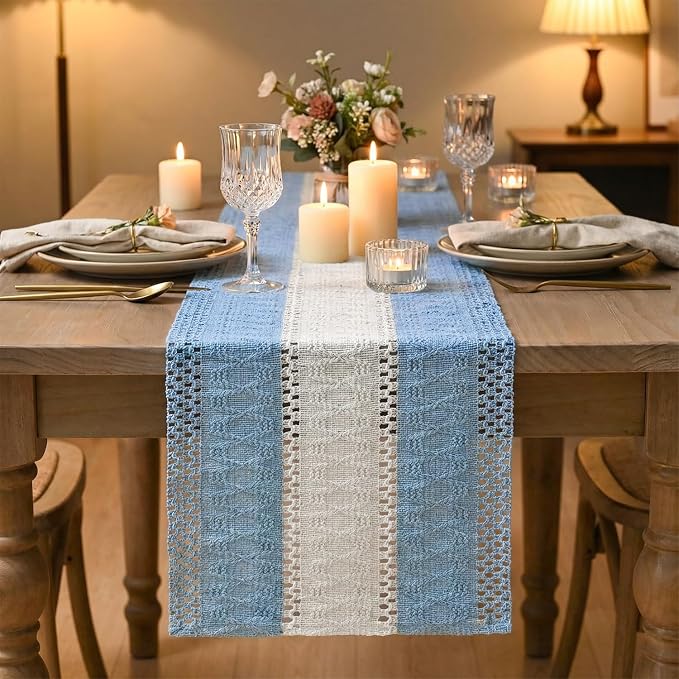 Artoid Mode Sky Blue Farmhouse Woven Table Runner 12x108 Inch | Holiday Rustic - Image 2