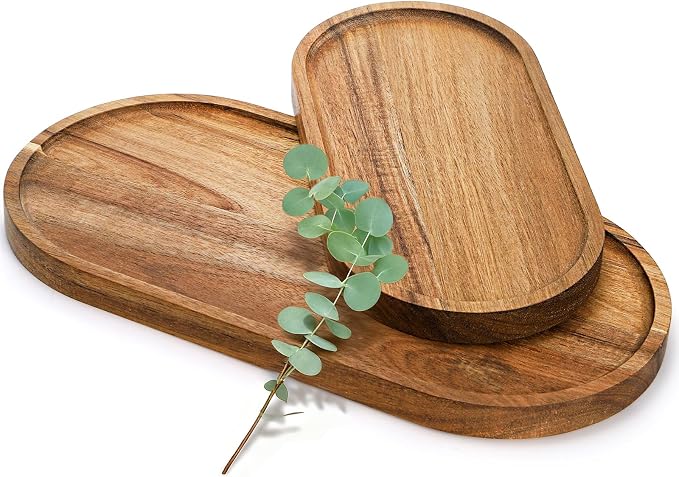 Elsjoy Set of 2 Acacia Wood Serving Trays, Long Wooden Serving Platter Oval - Image 3