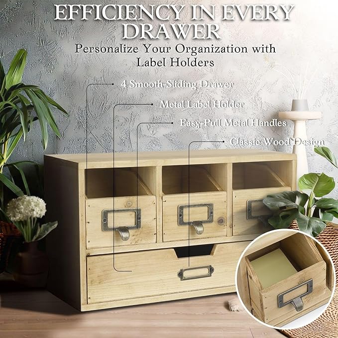 Flexzion Wooden Apothecary Drawers, 4-Drawer Desktop Organizer Cabinet | - Image 5