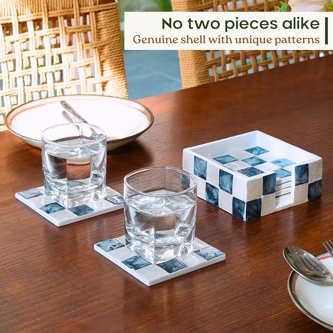 4" Capiz Checkered Square Coasters Set 6 - Image 5
