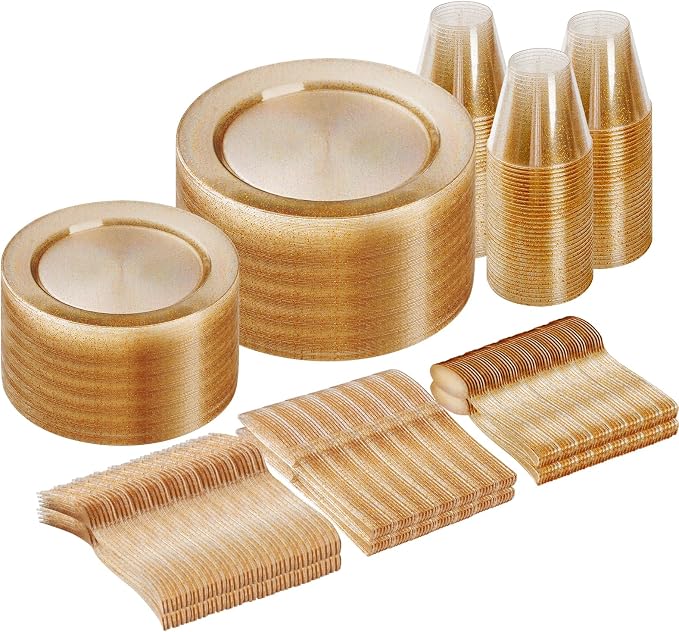 300 Piece Gold Glitter Disposable Plates by GoodLuck