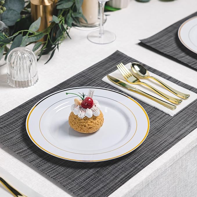 100PCS White & Gold Plastic Plates Disposable, 10.25" Heavy Duty Plates | - Image 4