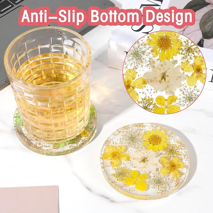 Amabro Dried Flower Drink Coasters, Floral Resin Drink Cup Mat Set of 2 - Image 4