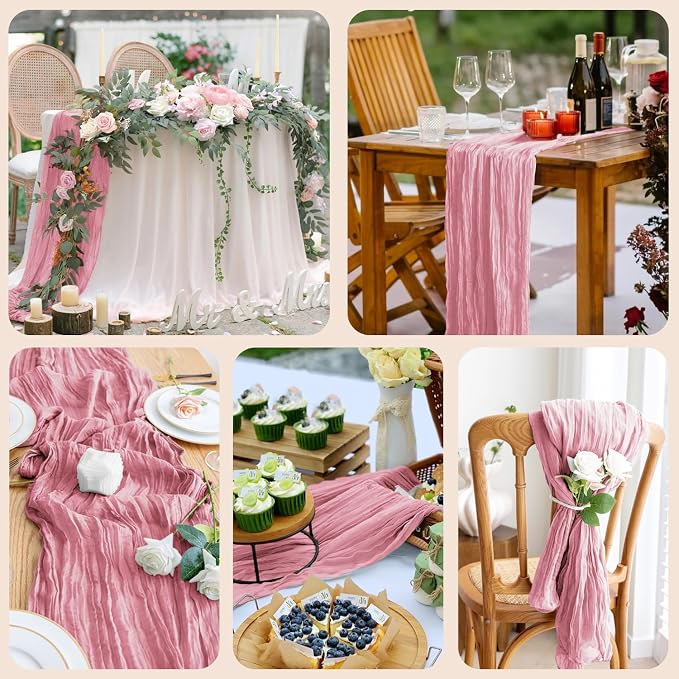 Cheesecloth Table Runner 10FT 3Pcs Pink Boho Gauze Rustic Sheer Runners | - Image 7