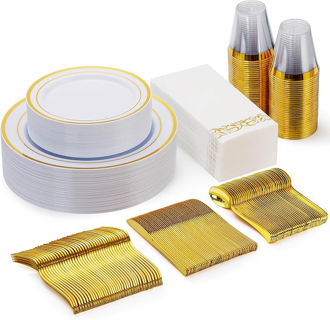 175 Pcs Gold Dinnerware Sets for 25 Guests, Disposable Plate Sets | Plastic by GoodLuck