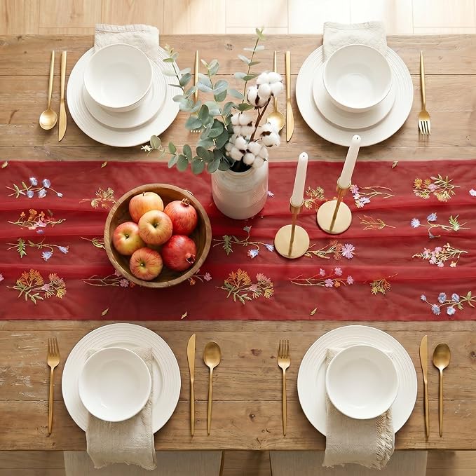 Artoid Mode Wildflower Floral Red Gauze Embroidery Table Runner 120 Inch 10FT - Image 5