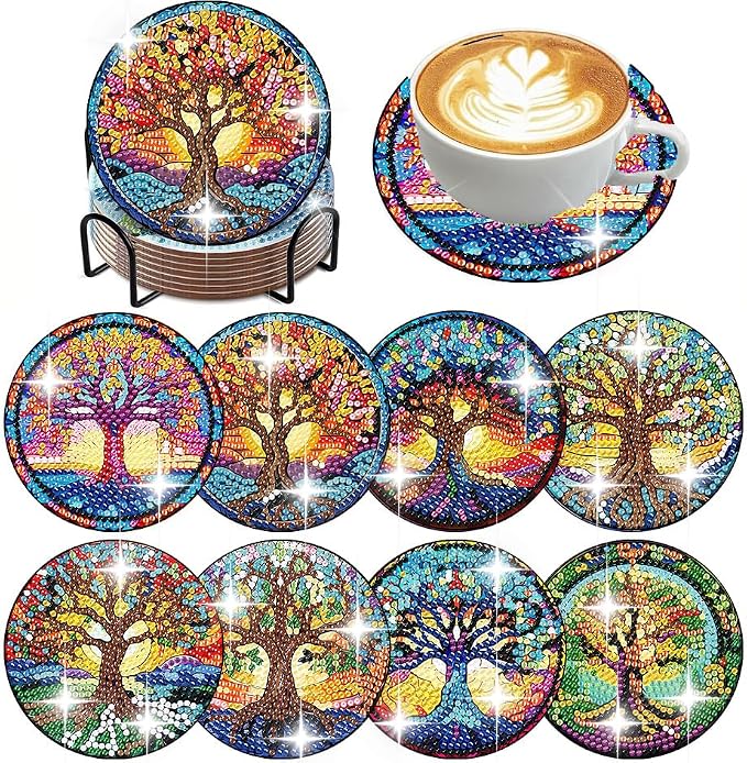 ijbnhd 8 PCS Tree of Life Diamond Art Coasters | Diamond Painting Coasters Kits by ijbnhd