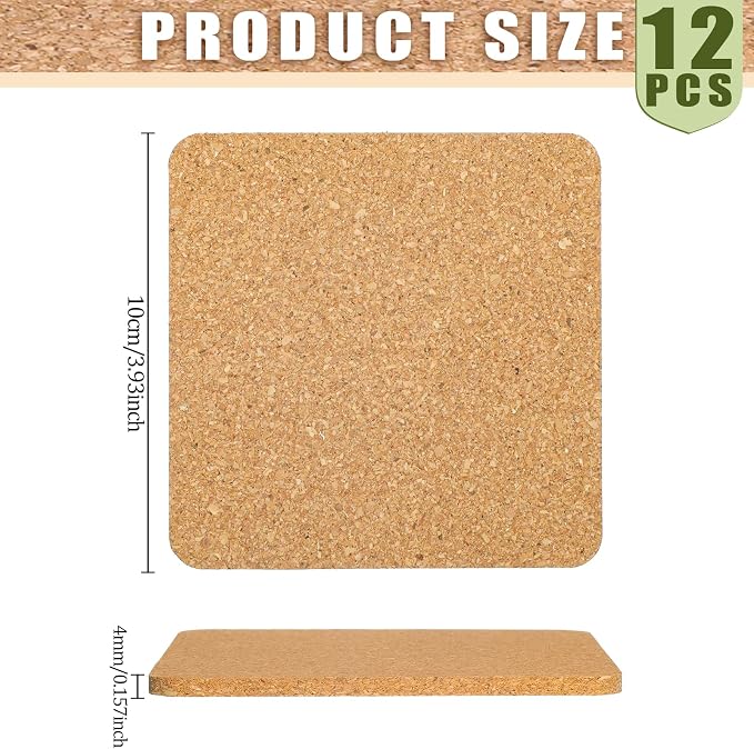 12 PCS Square Cork Coasters, Absorbent Square Coasters, Cork Coaster - Image 2