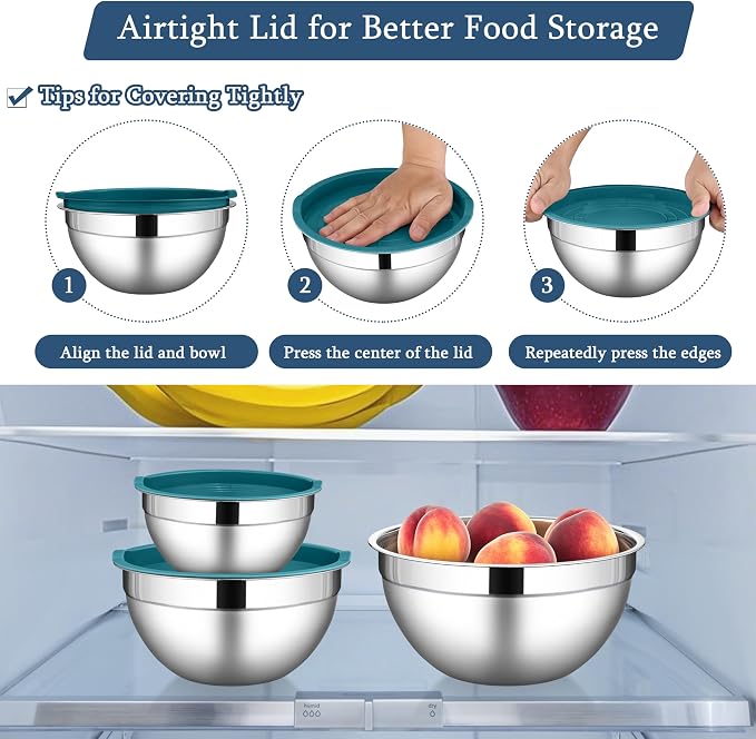 LIANYU Mixing Bowls Set with Lids, Stainless Steel Kitchen Bowls Set of 3 | - Image 5