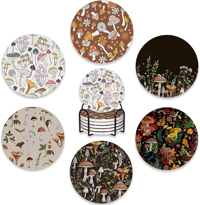 6 Pcs Coasters for Drinks with Holder, Retro Mushrooms Berries and Bugs by BUYIDUI