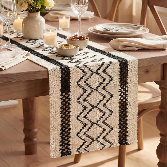 Artoid Mode Black Stripe Diamond Woven Table Runner 12x48 Inch | Holiday by ArtoidMode