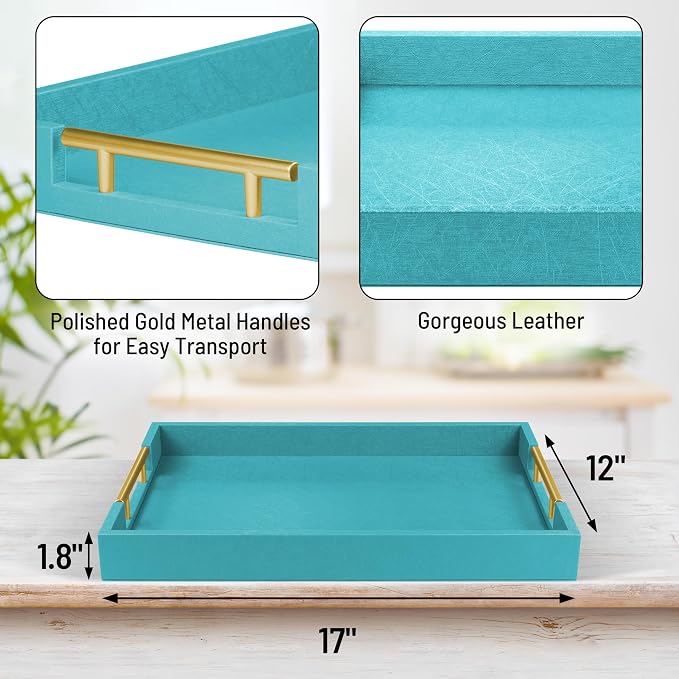 ATZYmolin 17"x12" Leather Serving Tray, Polished Metal Handles, Coffee Table - Image 2