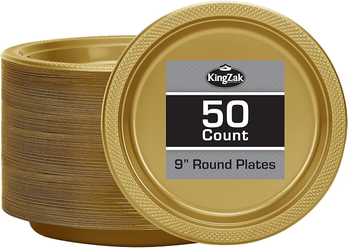 Gold Solid Color Premium Heavy Weight Plastic Dinner Plate 50 Count by HannaKSignature