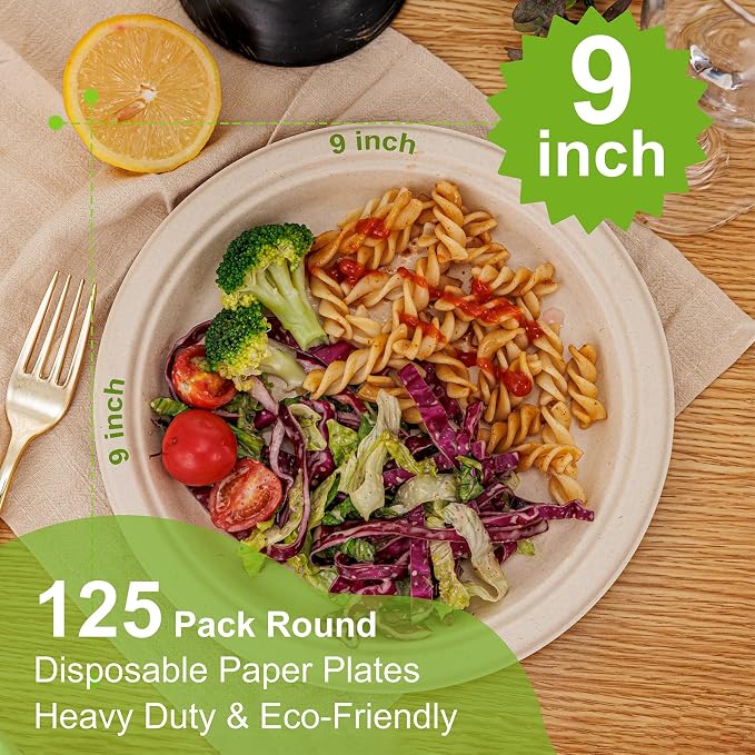 WELLIFE Paper Plates 9 Inch 125-Pack Heavy Duty Paper Plates Bulk | 100% - Image 2