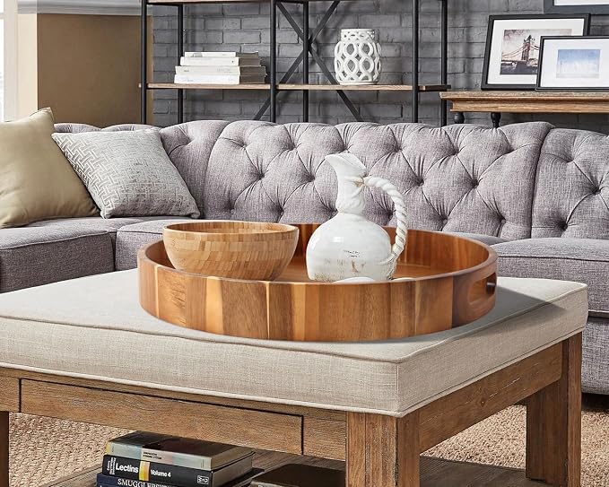 Extra Large Round Serving Tray, Heavy Duty Acacia Wood Trays - Image 9