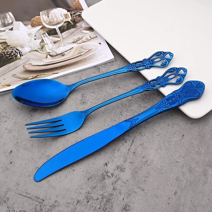 Mirror Polished Blue Silverware Set, 24-Piece 18/10 Stainless Steel Shiny - Image 2