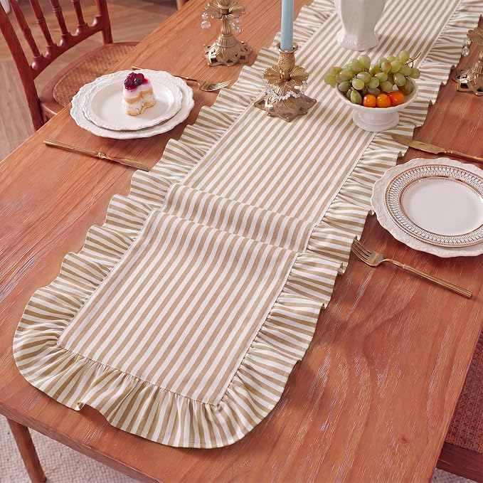 HunnmingRe Ruffle Trim Boho Table Runner Farmhouse Rustic Stripes Scalloped - Image 3