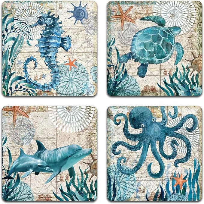 Marine Life Square Coaster Set by QJ+CMJ