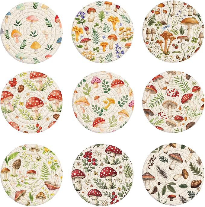 Cotton Woven Coaster Set of 9, 4.3In Fabric Coasters by GLASSWINDS