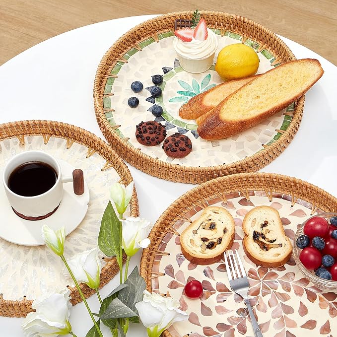 Kmelep Round Rattan Tray with Mother of Pearl Inlay, Rattan Serving Tray with - Image 3