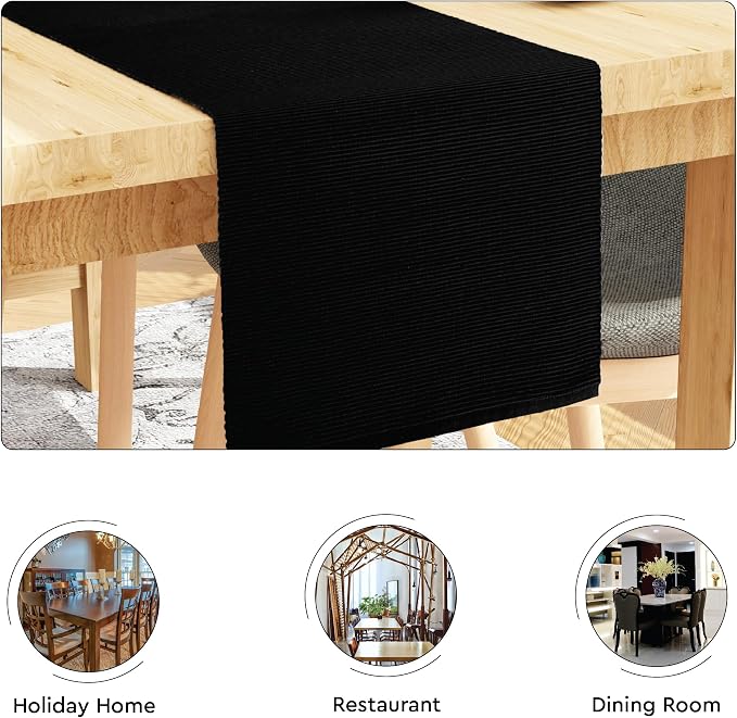Encasa XO Table Runner, Yarn Dyed Ribbed Cotton 13"x98" | Solid Black, 12-Ply - Image 4