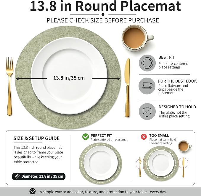Maxpearl Faux Leather Round Placemats Set of 6, 13.8 inch, Light Green | - Image 3