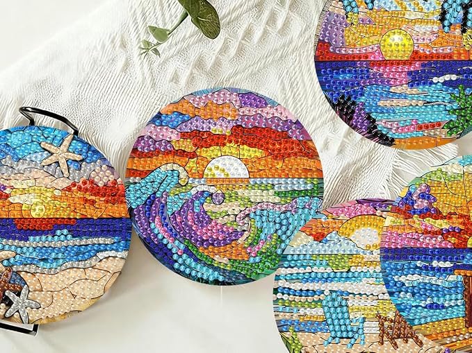8 PCS Diamond Art Coasters Kits Sunset Beach Diamond Painting Coaster | Diamond - Image 9